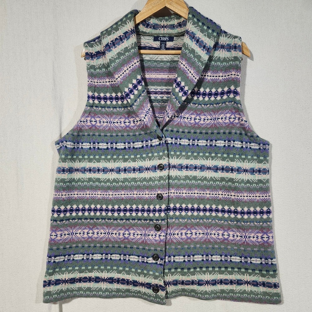Chaps Women 2X Fair Isle Shawl Collar Button Front Sweater Vest Green Purple